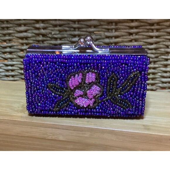 Beaded Coin Purse Far Nine Floral Blue & Pink Mini Lipstick Case Vintage - Picture 1 of 6